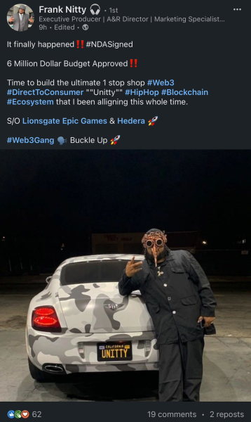 Фрэнк Нитти готовит музыкальный блокчейн-проект на $HBAR